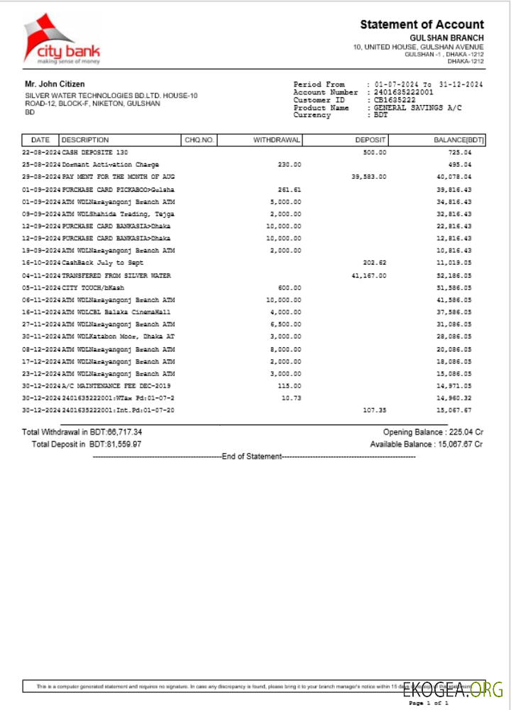 Exemple Word et PDF de relevé de la Bangladesh City Bank